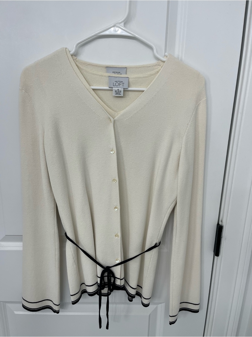 LOFT Cream V-Neck Button Cardigan with Navy Blue Trim and Drawstring
